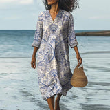Fongt Women's Beach Vacation Digital Print V-Neck Dress Seaside