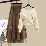 Winter Knitted 2 Piece Sets Women Long Sleeve Knitted Sweater And High Waist Mesh Long Skirts Sets For Women