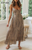 Elegant Backless Lace Up Summer Dress Women Clothing Sleeveless Leopard Maxi Boho Beach Dress Lady Long Vestido