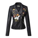 Flowers Embroidery Pu Leather Jacket Women Turn-down Collar Rivet Zipper Black Biker Coats Tops Clothes Ropa De