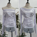 Real Shooting Stacking Long-Sleeved Pile Folded Shoulder T-Shirt Metal-Sclide T-Shirt