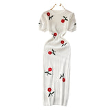 Fongt Dress High-End Temperament Embroidered Rose Knitted Dress Women's Short Sleeve New Chinese Bag Long Skirt