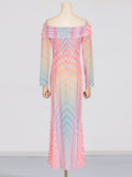 Fongt 2025 New Fashion Design Personality Color Printing Sexy Shoulder Mesh Yarn And Hip Dress Dress