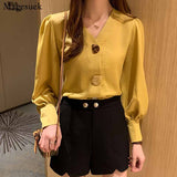 Lady Autumn Solid Women Blouses All-match Korean Tops V-neck Lantern Long Sleeve Clothes with Button Woman Shirt
