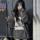 Grunge Gothic Grey Sweater Women Harajuku Hollow Out Graphic Jumper Oversize Retro Streetwear Pullover Knitted Top