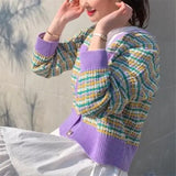 Style Spring Plaid Cardigan Women V Neck Single-breasted Button Knitted Sweater Female Retro