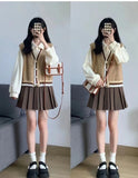 Fongt Autumn College Style Retro Vest Three-Piece Suit Female High-Waisted Half-Dress Long-Sleeved Shirt Top