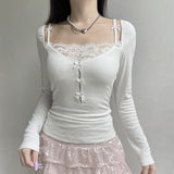 Sexual Wind Lace Splicing Bow Hollowed-Out Long-Sleeved Knitted T-Shirt A Variety Of Thin Solid Color Blouse-Outfit