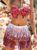 Sequins Women Set Sexy Deep V Neck Backless Bra Crop Tops With Color Multilayered Tassel Mini Skirt Party