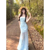 Fongt Temperament Mint Manbo Green Mesh Sling Dress Female Lace Spliced High-Waisted Fishtail