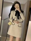 2023 Autumn Winter 2 Piece Set Women Short Woolen Tweed Jacket Coat & Bodycon Mini Skirt Set Women Two Piece