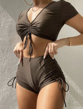 2022 New Split-Skinned Draw-Folding Rope Solid-Color Swimsuit