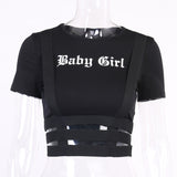 Fongt Sexy Slim Short Sleeve Letter Print T-Shirt Irregular Hollow Out Crop Bottom