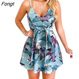 Women Summer Floral Print Sleeveless Mini Dress Sexy V-neck Spaghetti Strap Beach Dresses Vestido De