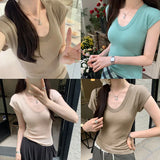 Solid Color U-Collar Short-Sleeved T-Shirt Women's New Springy Slim, Simple And Easy To Wear In