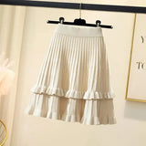 Knit Solid Elastic High Waist Ruffles Pleated Midi Skirt-Outfit