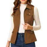 Fongt New Single Women's Vest Cardigan Zipper Jacket Multi-Pocket Solid Color Sleeveless