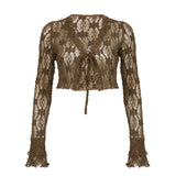 Fongt Wind Texture Sense Lace Stitching Strap V-Neck Cardigan Top Light Smock Long Sleeves-Outfit