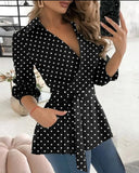 Hot Style Autumn New Print Long Sleeve V Collar Belt Shirt Women-Outfit