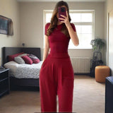 Fongt Summer New Women's Round Neck Solid Color Wide Leg Pants Commuting Leisure Suit Women