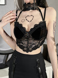 Dark Velvet Lace Romantic Mall Gothic Crop Tops Women Grunge Aesthetic Bodycon Halter Camis Black Backless Summer