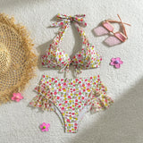 2024 New Small Fresh Print High-Waisted Fly-Side Swimsuit Bikini