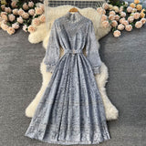 Lace Dress Women Spring Autumn New Round Neck Long Sleeve Vintage Embroidery Long Dresses Ladies Temperament Party