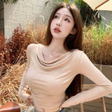 Collar Off Shoulder Women's Crop Top Solid Colour Spring Autumn-Outfit