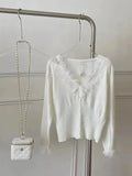 Sweet Soft Wool Cardigan Slim Women Patched Lace V Neck Full Sleeve Solid Color Autumn Spring Sweater Shirts-Outfit