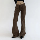 Tie With Hot Girls Multi-Pocket Design Fashion Jeans 2024 Casual Solid Color Button Flared Trousers-Outfit