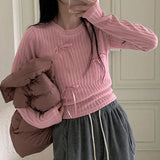 Young Girl Style Bow Tie Tie Stitched Knitted Blouse 2024 Round Collar Pit Strip Slim Solid Color T-Shirt-Outfit