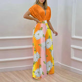 Fongt Women's Fall New Temperament V-Neck Print Wide-Leg Pants Fashion Casual Suit