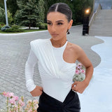 Bodysuit Women Top Long Sleeve Body One Shoulder Bodysuits Ruched T Shirt Female Clothing Skinny Streetwear Black