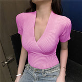 Spot Summer Large V-Collar, Low-Cut, Sexy, Tight-Fitting White Wine Red Short-Sleeved Sweater-Outfit