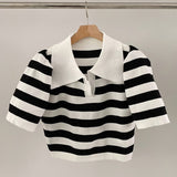 New 2022 Striped Knitted Korean Fashion Women's Summer Shoulder Pads Sweaters Vintage Elegant Lady Short Tops