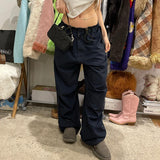 Korean Fashion Hippie Baggy Trousers Women Stitching Pockets Cargo Pants Drawstring Low Waist Casual Jogging