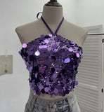 Heavy Industry Bling Bling Glide Hanging Neck Sling Vest One-Style Wrapping Tie With Large Bare Back Blouse