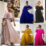 Fongt / Summer 2023 New Women's Sexy One-Line Collar Off-Shoulder Fold Chiffon Dress 4125-Outfit