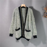 New 2021 Women's Autumn Winter Sweaters Fashionable Elegant Oversized Cardigans Pearls Pockets Vintage Tops