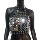 Sexy Shiny Sequin Beach Tank Tops Women Fashion Sequined Tassel Halter Backless Crop Top Festival Hollow Out