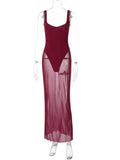 Solid Strap Mesh Bodysuit Maxi Dress-Outfit