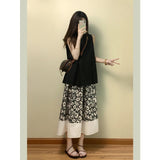 Fongt Dopamine Sleeveless Top Women Summer New Set Of High-Waisted Hanging Feeling Relaxed A Word Broken Flower Long Skirt