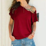 Women Skew Neck Irregular Criss Cross Blouse Patchwork Solid Tops Blusa Femme One Shoulder Summer Shirt Hollow Plus