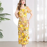 Fongt Banquet Famous Wind V-Neck Short-Sleeved Body-Brace Three-Dimensional Flower Lace Dress 2025 New