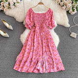 Summer New French Soft Style Sweet American Collar Bubble Short Sleeves Waist Show Thin Forked A-Shaped Dress-Outfit