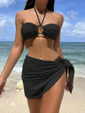 Fongt Bikini Bikini Swimsuit Three-Piece Gauze Dress Hanging Neck Solid Color Swimsuit Female