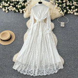 Fongt Wear Women's Dress 2025 New Retro Elegant Single-Drace Buckle Waist-Repair Temperament Lace Dress