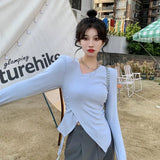 Slim Tees Women Long Sleeve T-shirts Asymmetrical Collar Design Tops Korean Style Solid Skinny Chic Teens Clothes-Outfit