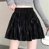 Velvet Bow Pleated Mini Skirt-Outfit