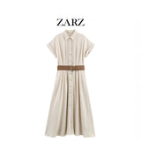 Fongt Homemade New Women's Dress With Belt Linen-Blend Mixed Muffled Dress 8372105
